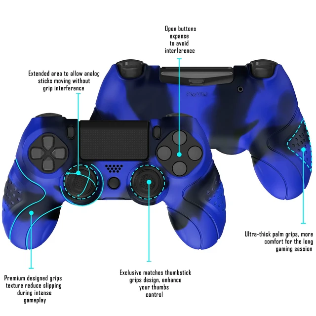 Alt view image 7 of 7 - PlayVital Guardian Edition Blue & Black Ergonomic Soft Anti-Slip Controller Silicone Case Cover for ps4, Rubber Protector Skin with Joystick Caps for ps4 Slim/Pro Controller