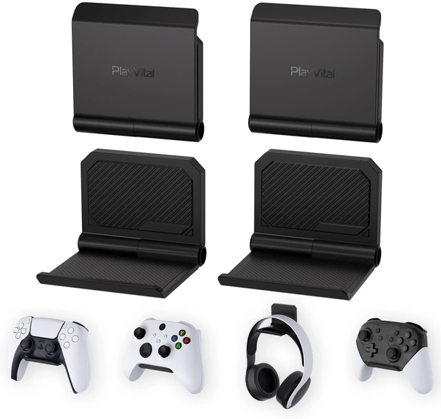 Main image of PlayVital 4 Pack FOLD Controller Holder Wall Mount for ps5 ps4 Xbox Switch 2 Pro Headset, Universal Gaming Acessories Controller Organizer Headphone Stand - Foldable Anti-slip Strong Adhesive, Black