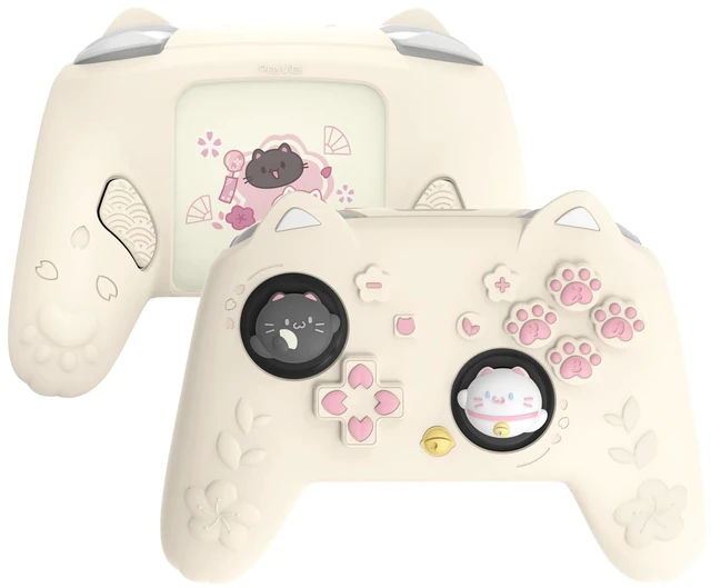 Main image of PlayVital for Nintendo Switch 2 Pro Controller Silicone Cover Cherry Blossoms Kitten Cute Protective Skin Case for Switch 2 Pro Controller w/Back Button Cap & Thumb Grip & Sticker - Antique Yellow