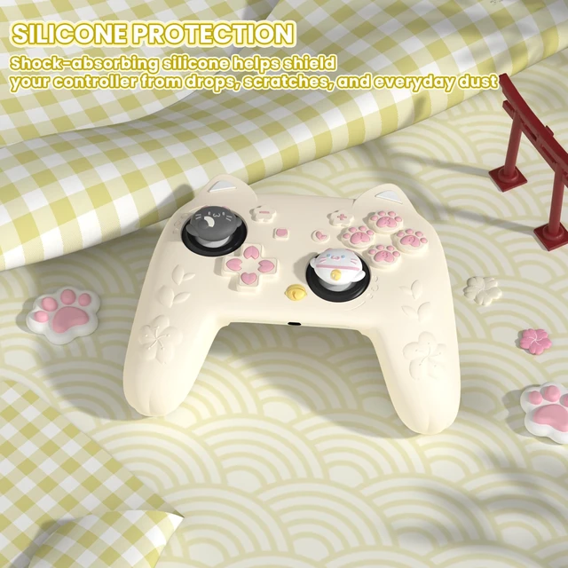 Alt view image 3 of 7 - PlayVital for Nintendo Switch 2 Pro Controller Silicone Cover Cherry Blossoms Kitten Cute Protective Skin Case for Switch 2 Pro Controller w/Back Button Cap & Thumb Grip & Sticker - Antique Yellow