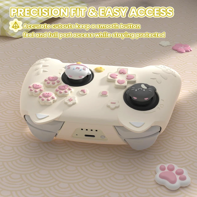 Alt view image 6 of 7 - PlayVital for Nintendo Switch 2 Pro Controller Silicone Cover Cherry Blossoms Kitten Cute Protective Skin Case for Switch 2 Pro Controller w/Back Button Cap & Thumb Grip & Sticker - Antique Yellow