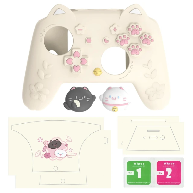 Alt view image 7 of 7 - PlayVital for Nintendo Switch 2 Pro Controller Silicone Cover Cherry Blossoms Kitten Cute Protective Skin Case for Switch 2 Pro Controller w/Back Button Cap & Thumb Grip & Sticker - Antique Yellow