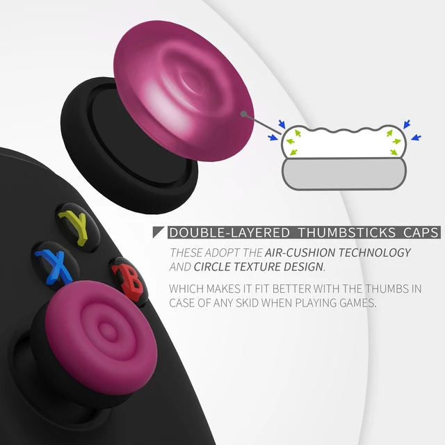 Alt view image 3 of 7 - playvital Thumbs Cushion Caps Thumb Grips for ps5, for ps4, Thumbstick Grip Cover for Xbox Series X/S, Thumb Grip Caps for Xbox One, Elite Series 2, for Switch Pro Controller - Cosmic Red & Black