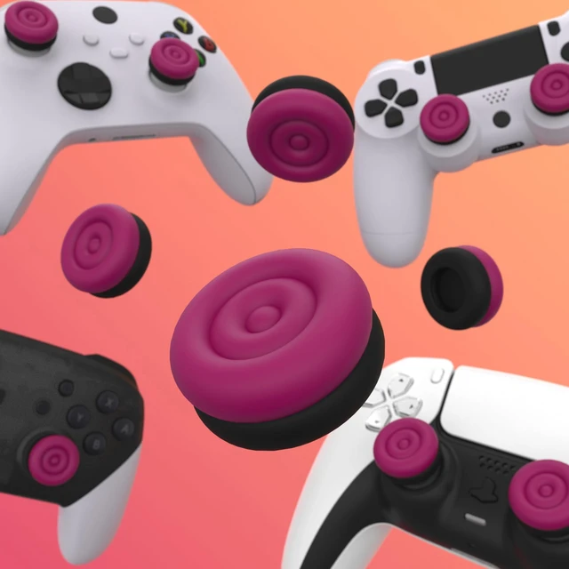 Alt view image 5 of 7 - playvital Thumbs Cushion Caps Thumb Grips for ps5, for ps4, Thumbstick Grip Cover for Xbox Series X/S, Thumb Grip Caps for Xbox One, Elite Series 2, for Switch Pro Controller - Cosmic Red & Black