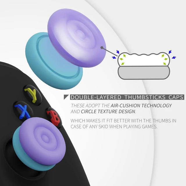 Alt view image 3 of 7 - playvital Thumbs Cushion Caps Thumb Grips for ps5, for ps4, Thumbstick Grip Cover for Xbox Series X/S, Thumb Grip Caps for Xbox One, Elite Series 2, for Switch Pro - Light Purple & Aqua Blue