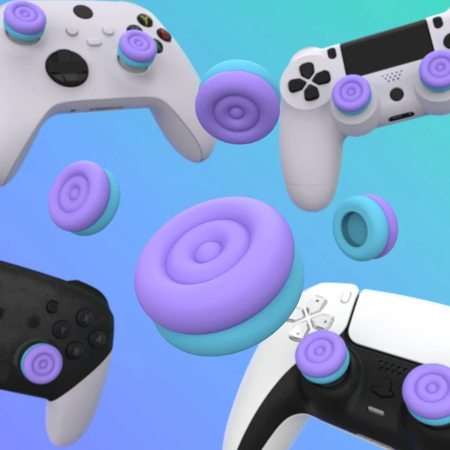 Alt view image 5 of 7 - playvital Thumbs Cushion Caps Thumb Grips for ps5, for ps4, Thumbstick Grip Cover for Xbox Series X/S, Thumb Grip Caps for Xbox One, Elite Series 2, for Switch Pro - Light Purple & Aqua Blue