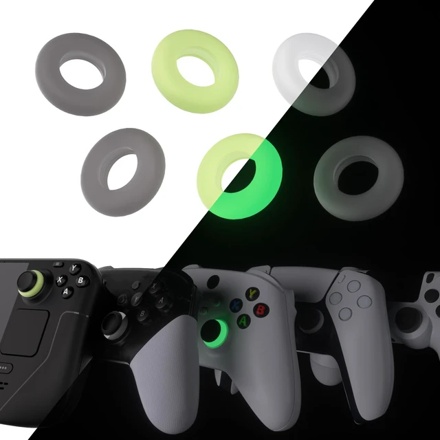 Main image of PlayVital 6 Pack Silicone Precision Rings for ps5, for ps4, for Xbox Series X/S/One / 360, for Switch 2 Pro, for Steam Deck - Aim Assist Target Motion Control, Clear Black White & Glow in Dark Green