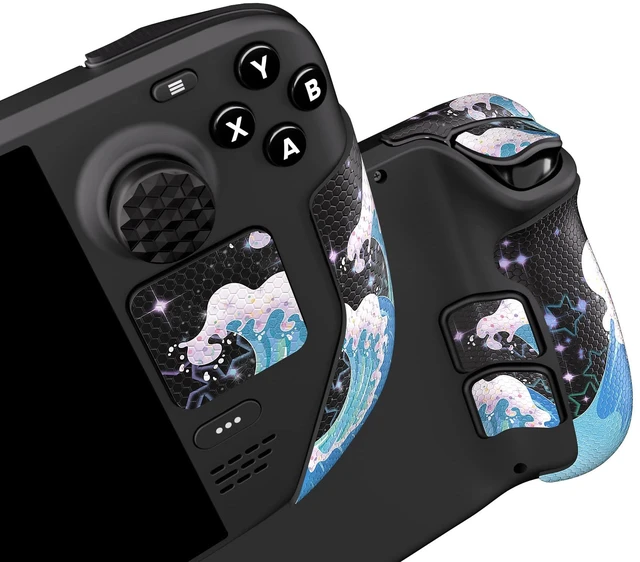 Main image of PlayVital Professional Textured Soft Rubber Pads Handle Grips for Steam Deck LCD & OLED, Trackpads Skin Grip Enhancement Back Button Protective Stickers Set with Thumb Grip Caps - Shimmering Waves