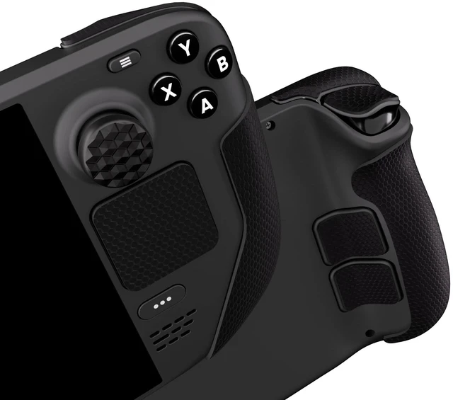 Main image of PlayVital Professional Textured Soft Rubber Pads Handle Grips for Steam Deck LCD & OLED, Trackpads Skin Grip Enhancement Back Button Protective Stickers Set with Thumb Caps - Honeycomb Textured Black