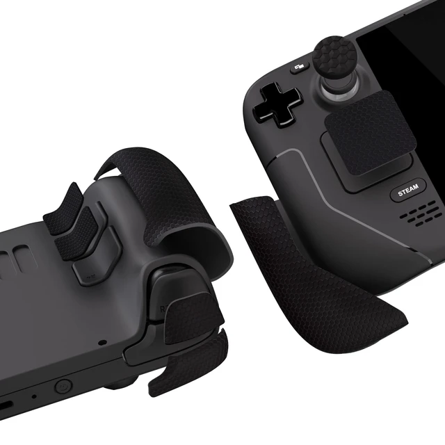 Alt view image 5 of 7 - PlayVital Professional Textured Soft Rubber Pads Handle Grips for Steam Deck LCD & OLED, Trackpads Skin Grip Enhancement Back Button Protective Stickers Set with Thumb Caps - Honeycomb Textured Black