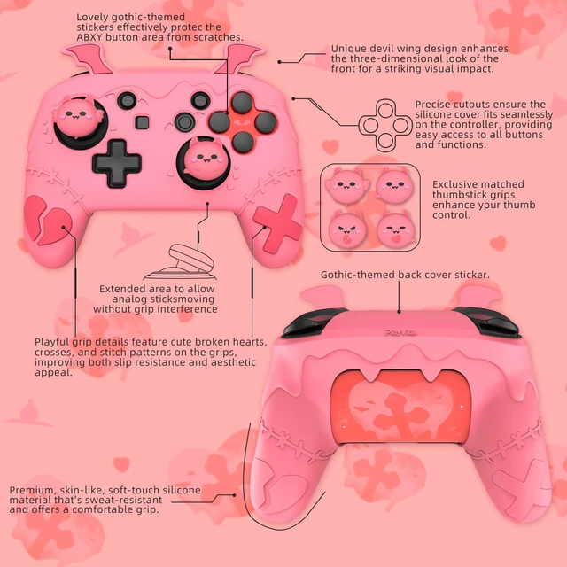 Alt view image 7 of 7 - playvital Gothic Imp Series Cute Silicone Case for Nintendo Switch Pro Controller with 4 Thumb Grip & 2 Sticker, Non-Slip Anti-Scratch Protective Silicone Skin Cover - Black