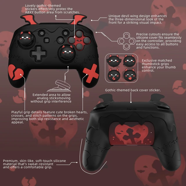 Alt view image 7 of 7 - playvital Gothic Imp Series Cute Silicone Case for Nintendo Switch Pro Controller with 4 Thumb Grip & 2 Sticker, Non-Slip Anti-Scratch Protective Silicone Skin Cover - Black