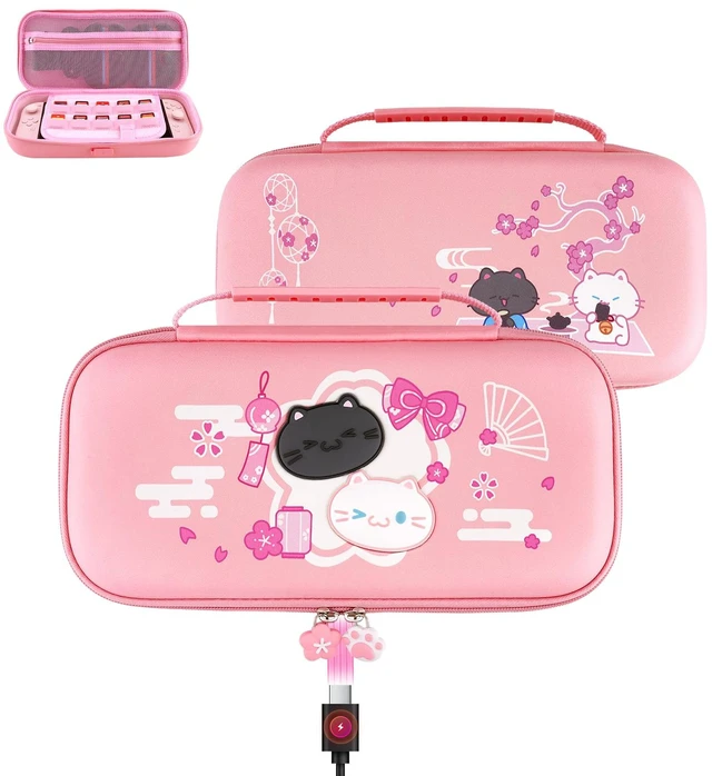 Main image of playvital Cute Carrying Case for Nintendo Switch 2 Kitten Pink | Hard Shell Travel Case with Silicone Charging Port, 10 Game Card Slots, Portable Storage Bag