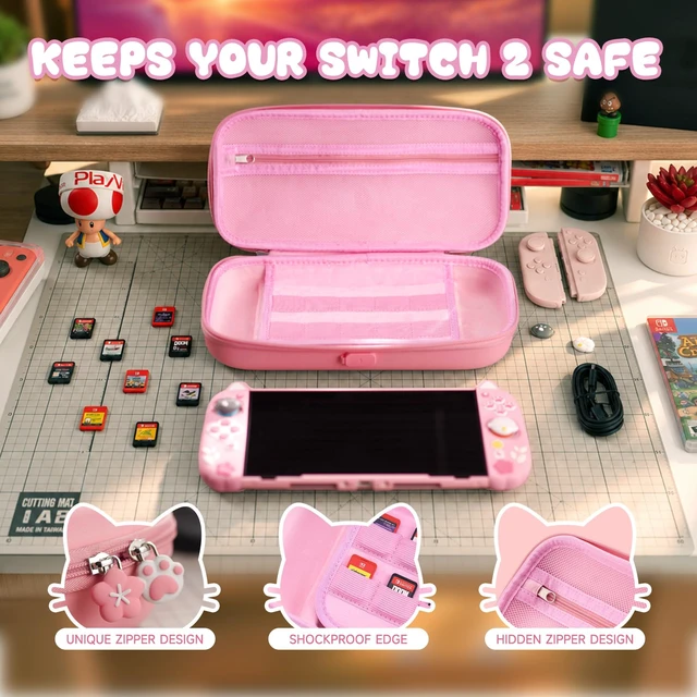 Alt view image 3 of 7 - playvital Cute Carrying Case for Nintendo Switch 2 Kitten Pink | Hard Shell Travel Case with Silicone Charging Port, 10 Game Card Slots, Portable Storage Bag