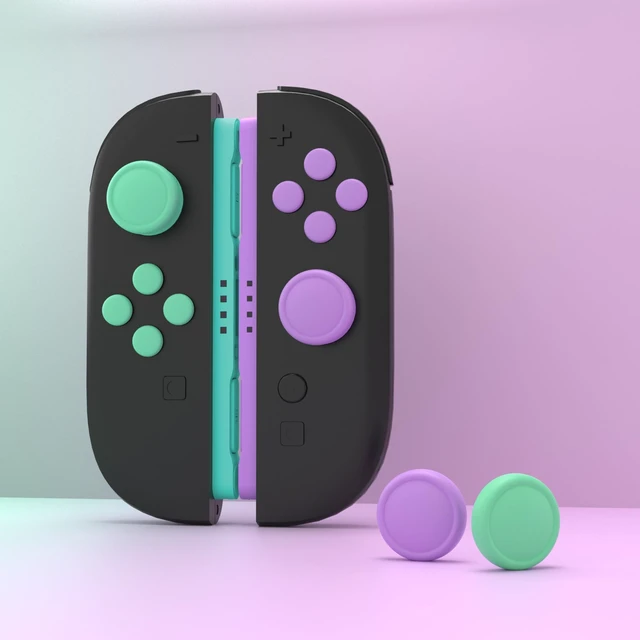 Alt view image 2 of 7 - PlayVital Button Caps + Thumb Grip Set for Nintendo Switch 2, 2 Silicone Colorful ABXY Directional Button Covers & 2 Joystick Caps- Soft Violet & Mint Green