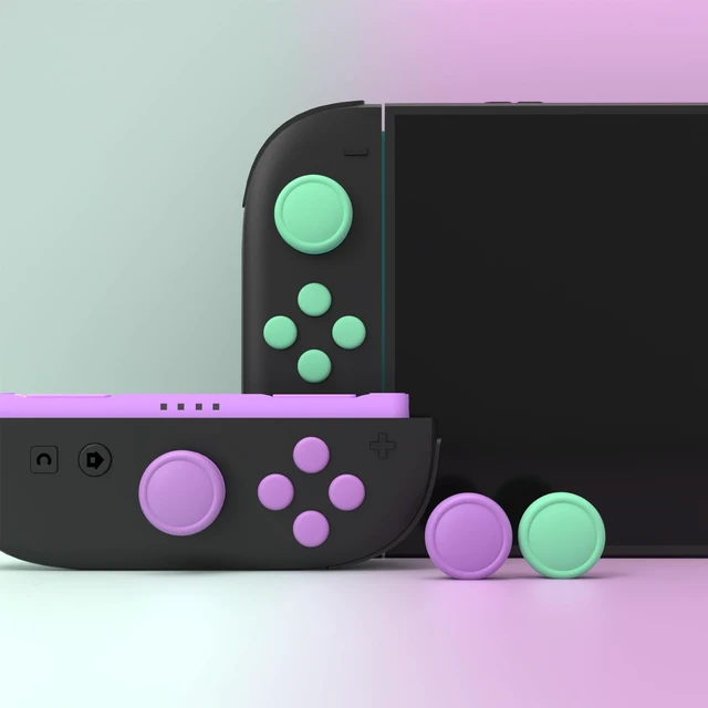 Alt view image 3 of 7 - PlayVital Button Caps + Thumb Grip Set for Nintendo Switch 2, 2 Silicone Colorful ABXY Directional Button Covers & 2 Joystick Caps- Soft Violet & Mint Green