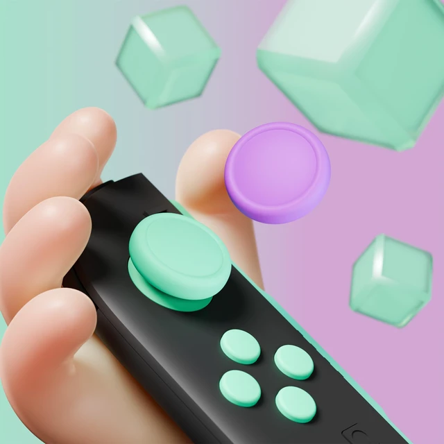 Alt view image 6 of 7 - PlayVital Button Caps + Thumb Grip Set for Nintendo Switch 2, 2 Silicone Colorful ABXY Directional Button Covers & 2 Joystick Caps- Soft Violet & Mint Green