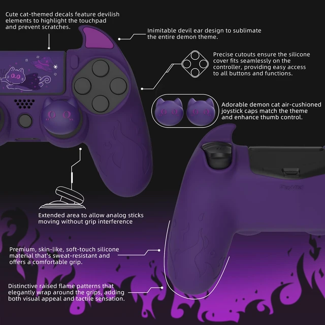 Alt view image 3 of 7 - PlayVital Cute Demon Controller Skin for ps4 with Thumb Grips & Stickers, Kawaii Anti-Slip Silicone Controller Cover Grip Protector for ps4 Slim/Pro Controller - Purple