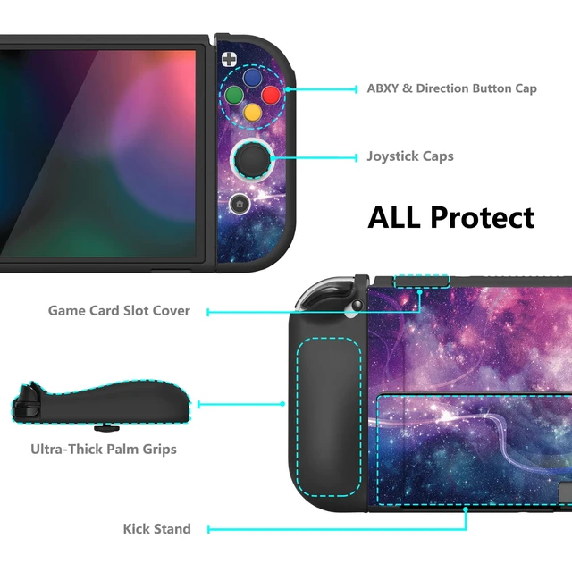 Alt view image 5 of 7 - PlayVital ZealProtect Soft Protective Case for Nintendo Switch OLED, Flexible Protector Joycon Grip Cover for Nintendo Switch OLED with Thumb Grip Caps & ABXY Direction Button Caps - Purple Galaxy