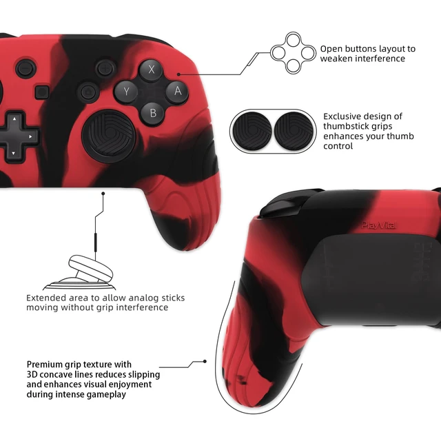 Alt view image 6 of 7 - PlayVital Samurai Edition Ergonomic Silicone Skin Protective Case for Nintendo Switch Pro Controller, Soft Anti-slip Controller Grip Protector for Nintendo Switch Pro with Thumb Grip Caps- Black & Red