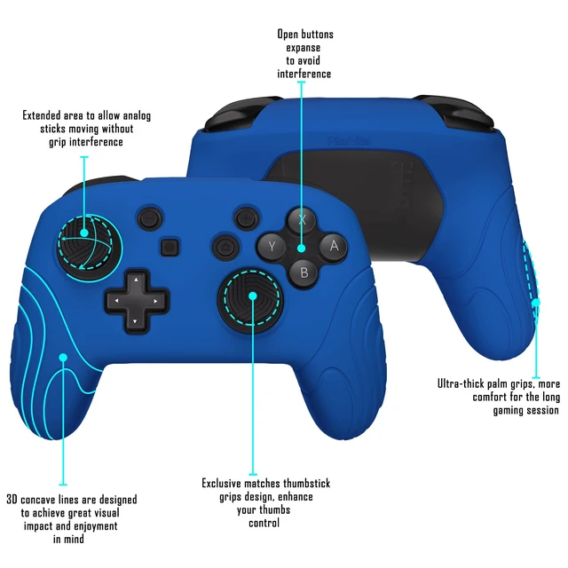 Alt view image 6 of 7 - PlayVital Samurai Edition Ergonomic Silicone Skin Protective Case for Nintendo Switch Pro Controller, Soft Anti-slip Controller Grip Protector for Nintendo Switch Pro with Thumb Grip Caps - Blue