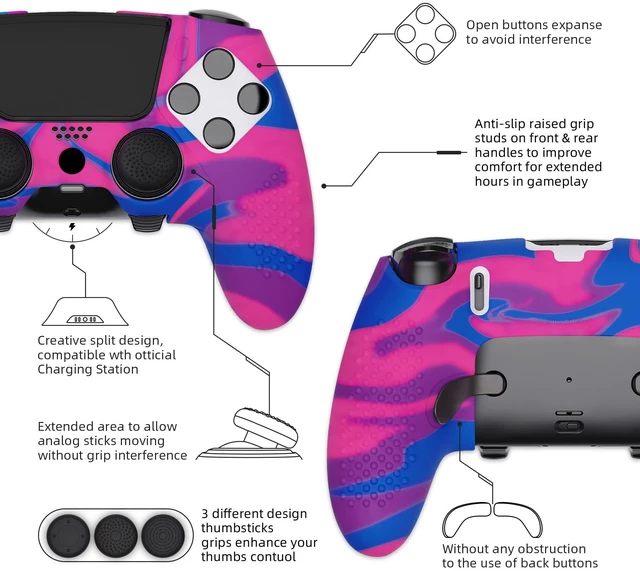 Alt view image 3 of 7 - PlayVital 3D Studded Edition Anti-Slip Silicone Cover Case for ps5 Edge Controller, Soft Rubber Protector Skin for ps5 Edge Wireless Controller with 6 Thumb Grip Caps - Pink & Purple & Blue