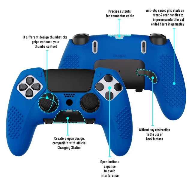 Alt view image 4 of 7 - PlayVital 3D Studded Edition Anti-Slip Silicone Cover Case for ps5 Edge Controller, Soft Rubber Protector Skin for ps5 Edge Wireless Controller with 6 Thumb Grip Caps - Blue