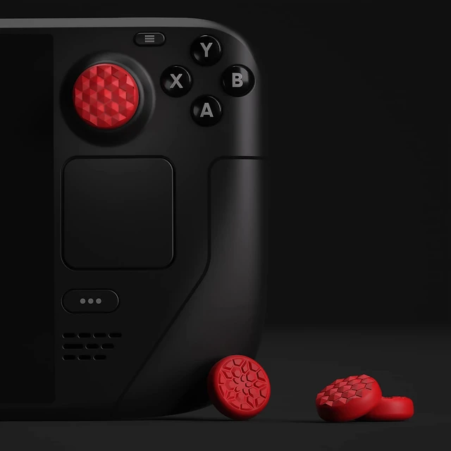 Alt view image 5 of 7 - PlayVital Thumb Grip Caps for Steam Deck LCD, Silicone Thumbsticks Grips Joystick Caps for Steam Deck OLED - Diamond Grain & Crack Bomb Design Passion Red
