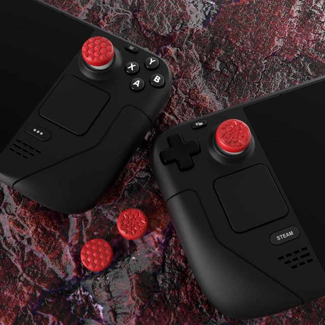 Alt view image 7 of 7 - PlayVital Thumb Grip Caps for Steam Deck LCD, Silicone Thumbsticks Grips Joystick Caps for Steam Deck OLED - Diamond Grain & Crack Bomb Design Passion Red