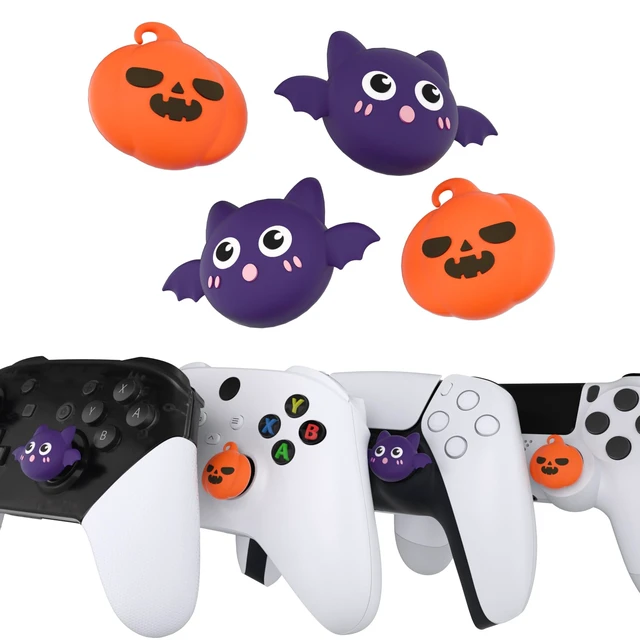 Alt view image 3 of 7 - PlayVital Halloween Thumb Grip Caps for Nintendo Switch 2 Pro, Switch Pro Controller, Joystick Caps Cover for ps5, Edge, ps4, Xbox Series X/S, Xbox One, Elite Series 2 Controller - Pumpkin Bat