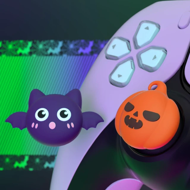 Alt view image 4 of 7 - PlayVital Halloween Thumb Grip Caps for Nintendo Switch 2 Pro, Switch Pro Controller, Joystick Caps Cover for ps5, Edge, ps4, Xbox Series X/S, Xbox One, Elite Series 2 Controller - Pumpkin Bat