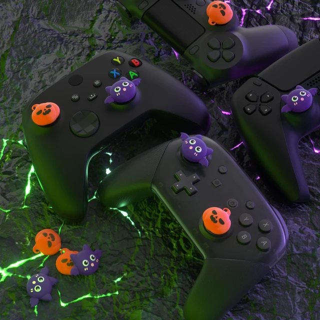 Alt view image 7 of 7 - PlayVital Halloween Thumb Grip Caps for Nintendo Switch 2 Pro, Switch Pro Controller, Joystick Caps Cover for ps5, Edge, ps4, Xbox Series X/S, Xbox One, Elite Series 2 Controller - Pumpkin Bat