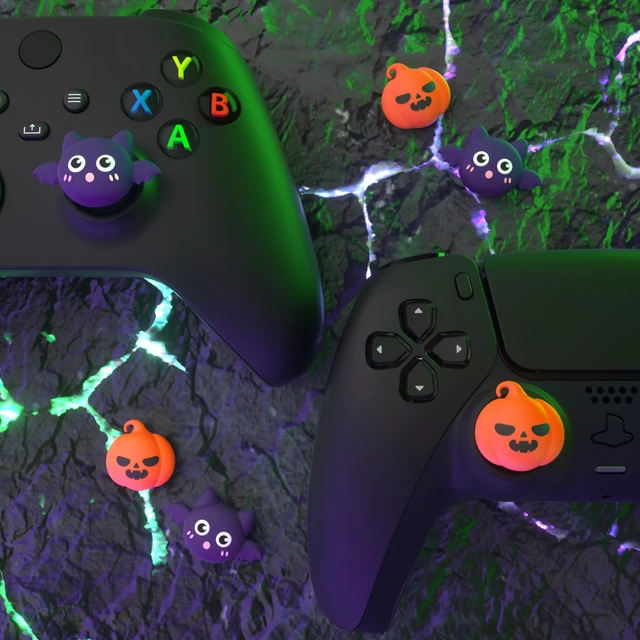 Alt view image 6 of 7 - PlayVital Halloween Thumb Grip Caps for Nintendo Switch 2 Pro, Switch Pro Controller, Joystick Caps Cover for ps5, Edge, ps4, Xbox Series X/S, Xbox One, Elite Series 2 Controller - Pumpkin Bat