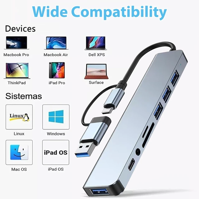 Alt view image 6 of 7 - 7/8 Port USB-C Hub Adapter - 5G Speed Multi Splitter for PC, Laptop & MacBook