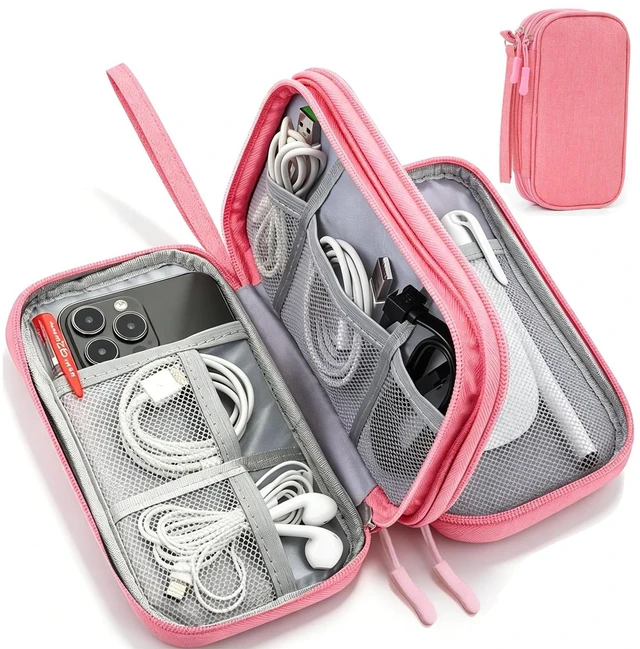 Main image of Electronics Organizer Travel Bag, Waterproof Double-Layers Cable Storage Case, Pink