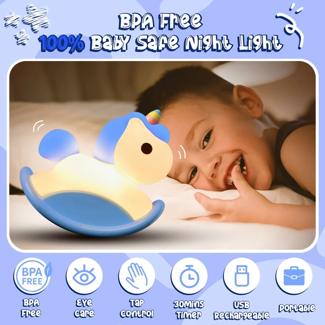 Alt view image 3 of 7 - Rocking Unicorn Rainbow Night Light Touch 3 Brightness Levels Timer Bedside Lamp