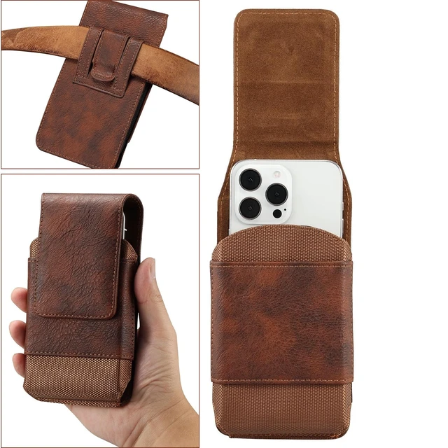 Alt view image 2 of 7 - Premium Universal Phone Holster - Leather & Oxford Pouch with Belt Clip Case, Brown