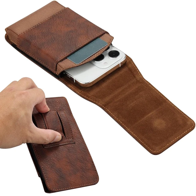 Alt view image 3 of 7 - Premium Universal Phone Holster - Leather & Oxford Pouch with Belt Clip Case, Brown