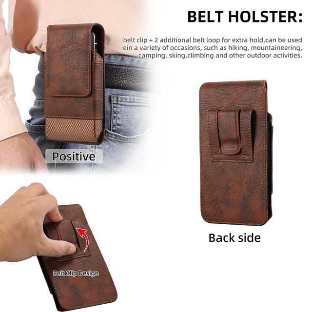 Alt view image 4 of 7 - Premium Universal Phone Holster - Leather & Oxford Pouch with Belt Clip Case, Brown