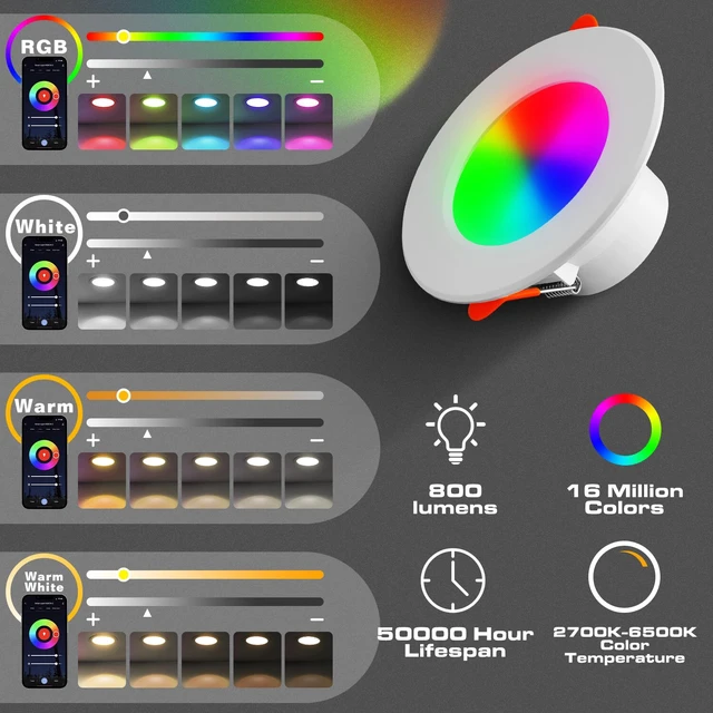 Alt view image 6 of 7 - Smart Recessed Lighting 4 Inch Color Changing 12W LED Downlight Ceiling Light, 2Pcs