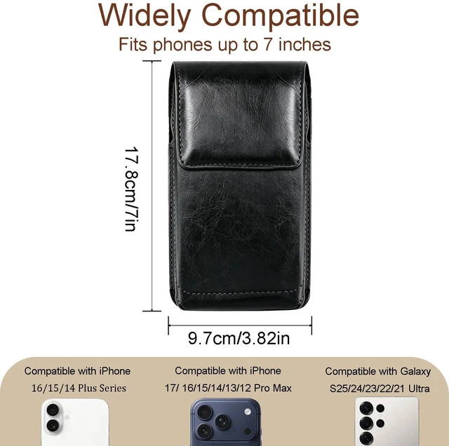 Alt view image 2 of 7 - PU Leather Phone Holster Belt Case - Universal Cell Phone Pouch for Smartphone, Brown