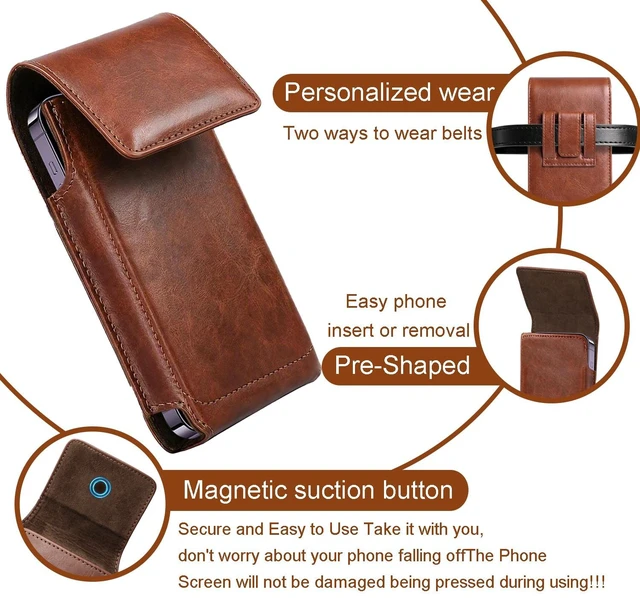 Alt view image 5 of 7 - PU Leather Phone Holster Belt Case - Universal Cell Phone Pouch for Smartphone, Brown