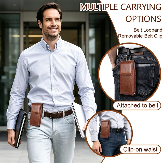 Alt view image 4 of 7 - PU Leather Phone Holster Belt Case - Universal Cell Phone Pouch for Smartphone, Brown