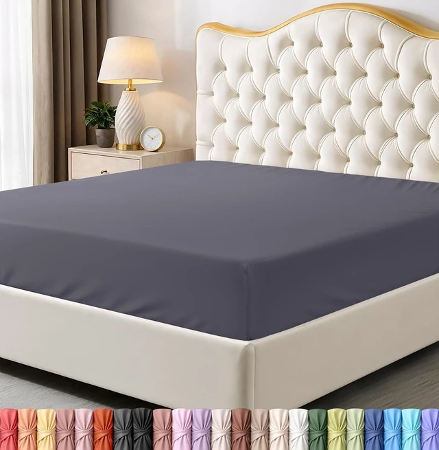 Main image of Queen Fitted Sheet, Ultra Soft Fits Up to 15 Inch Deep Pocket, Grey | Hotel Comfort, Cooling & Breathable Cotton like Polyester, Easy Fit, Wrinkle & Fade Resistant, Snug Fit, Easy Care