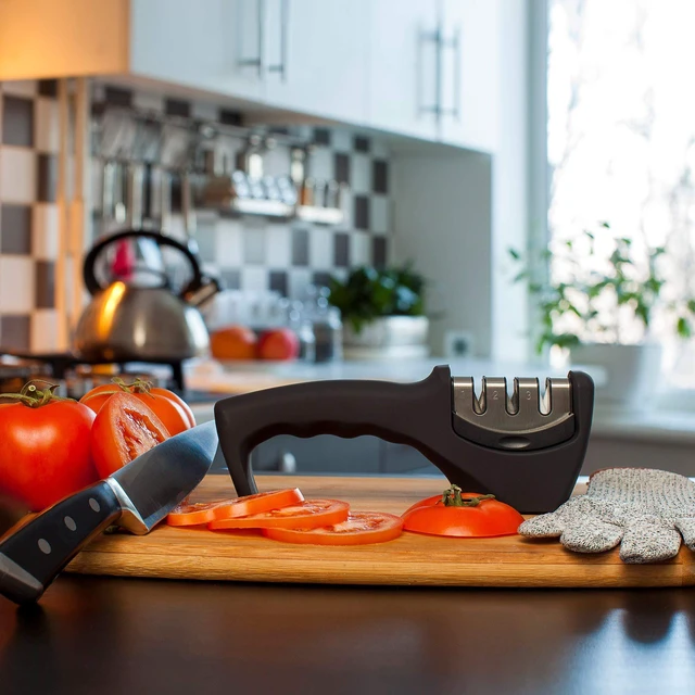 Alt view image 3 of 6 - 4-in-1 Kitchen Knife Accessories: 3-Stage Knife Sharpener Helps Repair, Restore, Polish Blades and Cut-Resistant Glove (Black)