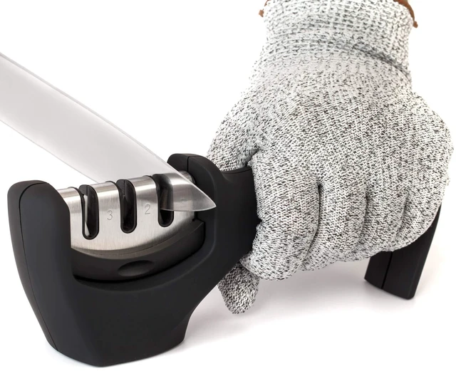 Main image of 4-in-1 Kitchen Knife Accessories: 3-Stage Knife Sharpener Helps Repair, Restore, Polish Blades and Cut-Resistant Glove (Black)