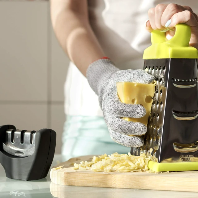 Alt view image 5 of 6 - 4-in-1 Kitchen Knife Accessories: 3-Stage Knife Sharpener Helps Repair, Restore, Polish Blades and Cut-Resistant Glove (Black)