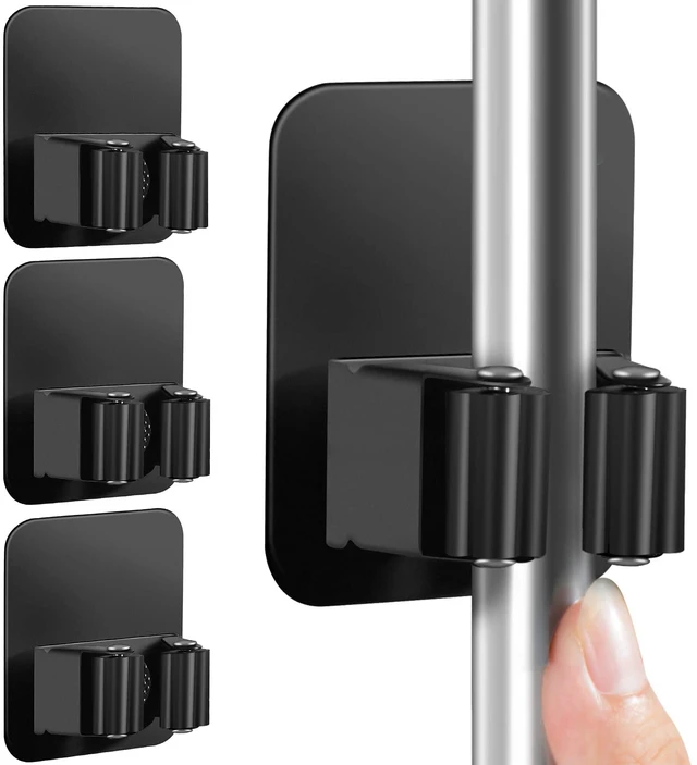 Main image of 4 Pack Broom Holder Wall Mount, Improved Super Anti-Slip Mop and Broom Holder Wall Mount, Broom Hanger Gripper for Kitchen, Bathroom, Closet, Garden Garage, Black