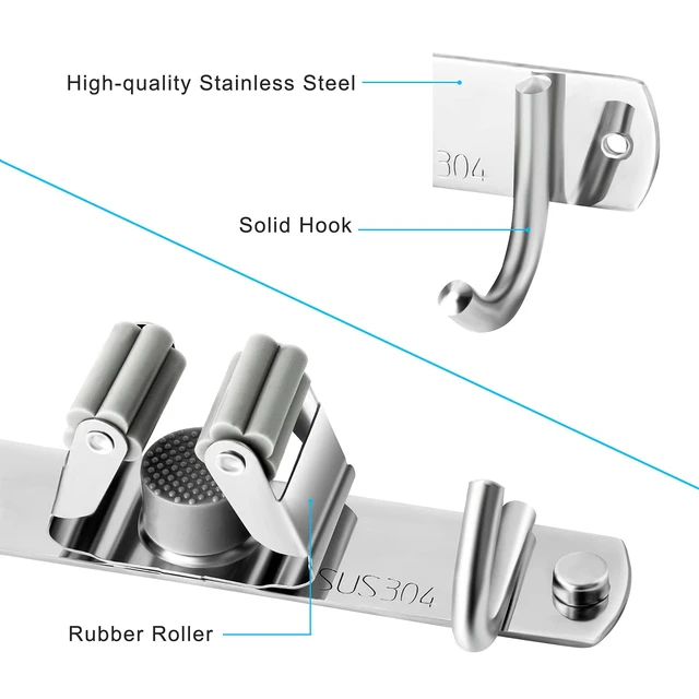 Alt view image 2 of 7 - Broom and Mop Holder Wall Mounted, Broom Hanger Storage Rack, Stainless Steel Mop Hanger, Dustpan Holders with 2 Racks and 3 Hooks, Heavy Duty utility hooks for hanging brooms and mops