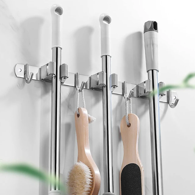 Alt view image 4 of 7 - Broom and Mop Holder Wall Mounted, Broom Hanger Storage Rack, Stainless Steel Mop Hanger, Dustpan Holders with 2 Racks and 3 Hooks, Heavy Duty utility hooks for hanging brooms and mops